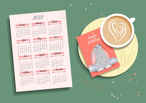 Calendar 2023 with cute rabbits. children's poster. Year of the cat and rabbit. Symbol of 2023. Vector illustration in trendy colors.