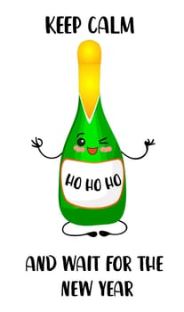 cute kawaii characters. Champagne. New year's night. Calm down and wait for the new year. Greeting card