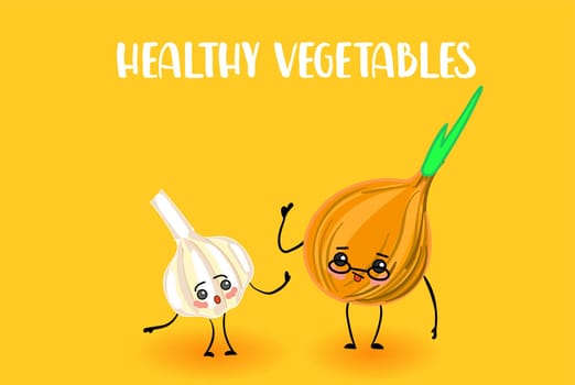 Useful vegetables. Vegetarianism. ONION AND GARLIC. Character with arms and legs.