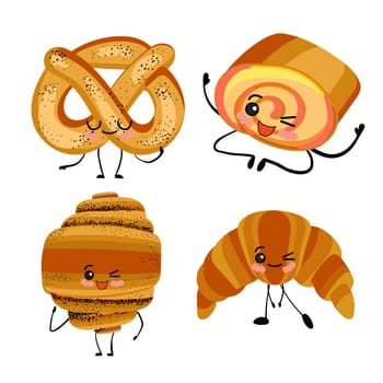 Set of sweet bakery characters. Croissant, bagel, bun and biscuit roll.