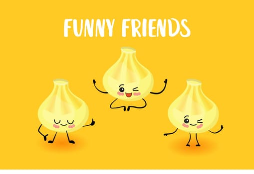 Greeting card with Georgian food. Khinkali. yellow background. Cartoon Cute Food Characters