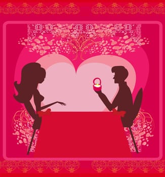 man proposing with an engagement ring to his love in a restaurant - vector