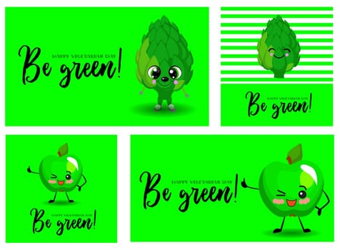 A large set of cards for the day of the vegg and vegetarianism. Vegetarian set. Green background. Cartoon Cute Vegetables Characters