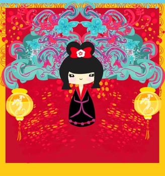 Kokeshi doll on  background with floral ornament