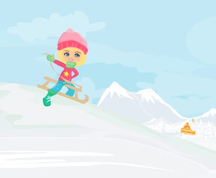 Little girl sledding - vector illustration