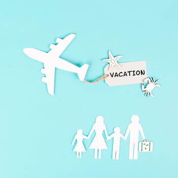 Family is going on vacation with an airplane, taking a flight for a summer holiday, greeting card, paper cut out