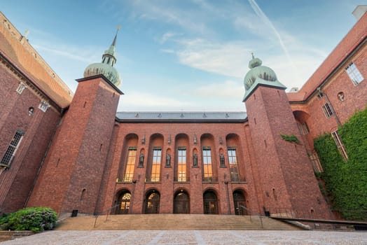 Stockholm City Hall, Swedish: Stadshuset, stands on the eastern tip of Kungsholmen island, next to Riddarfjarden's northern shore and facing the islands of Riddarholmen and Sodermalm, Sweden