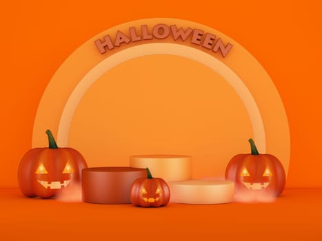 Orange podium of three cylinders with halloween sign and three pumpkins. 3d render.