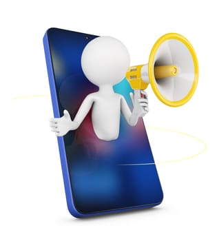 A faceless man holds a megaphone and makes an announcement from a smartphone. 3D render.