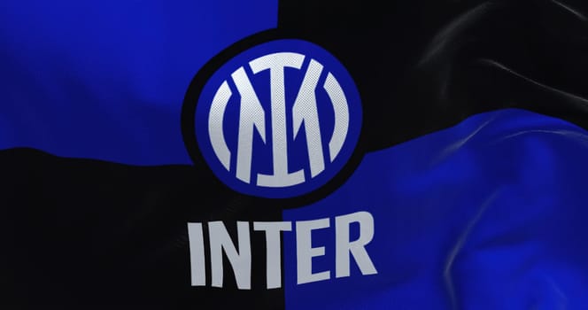 Milan, Italy, July 2022: The flag of Inter Football Club waving in the wind. Inter is a professional football club based in Milan, Italy
