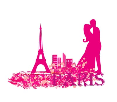 Romantic couple in Paris kissing near the Eiffel Tower