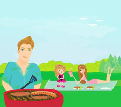 A vector illustration of a family having a picnic in a park