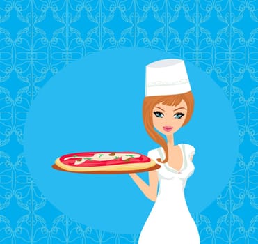 beautiful woman serving pizza