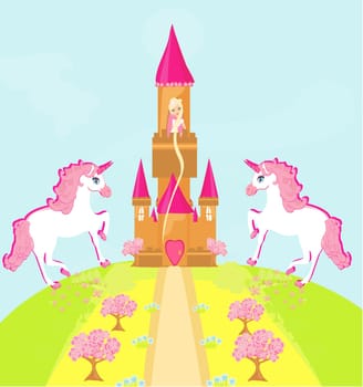Illustration of princess  in tower waiting for Prince