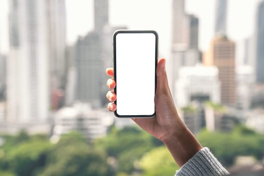 hand holding phone mobile white blank screen