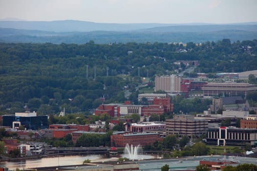 Sherbrooke city landscape Quebec Canada Estrie downtown river and buildings