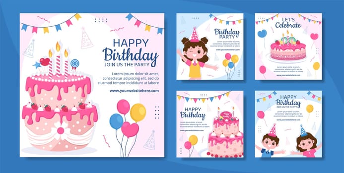 Happy Birthday Party Social Media Post Template Flat Cartoon Background Vector Illustration