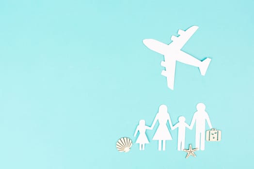 Family is going on vacation with an airplane, taking a flight for a summer holiday, greeting card, paper cut out