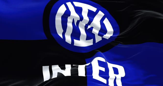 Milan, Italy, July 2022: The flag of Inter Football Club waving in the wind. Inter is a professional football club based in Milan, Italy