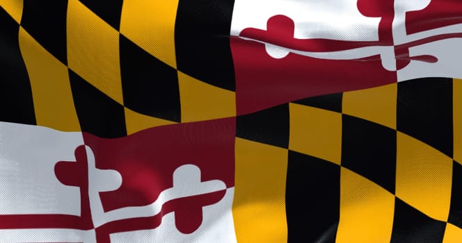The US state flag of Maryland waving in the wind. Maryland is a state in the Mid-Atlantic region of the United States. Democracy and independence.