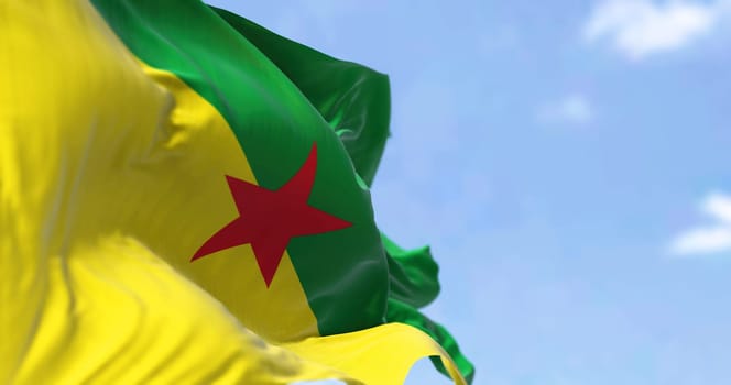 Flag of French Guiana waving in the wind on a clear day. French Guiana is an overseas department, region and single territorial collectivity of France