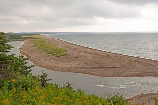 Quiet Coastal Spit in Morning Clouds on the Cheticamp River in the Cape Breton Highlands National Park in Nova Scotia
