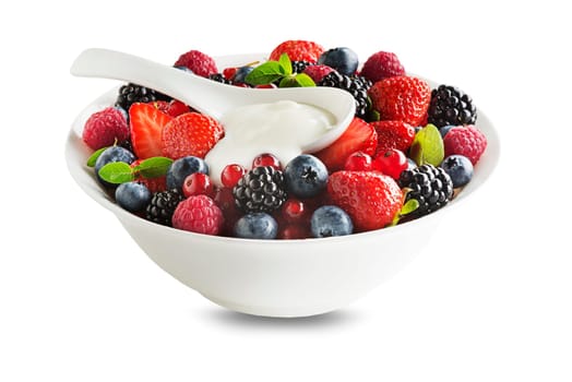 Bowl of healthy fresh berry fruit with cream isolated on white background. Berries colorful assorted mix of strawberry, blueberry, raspberry, blackberry, red currant