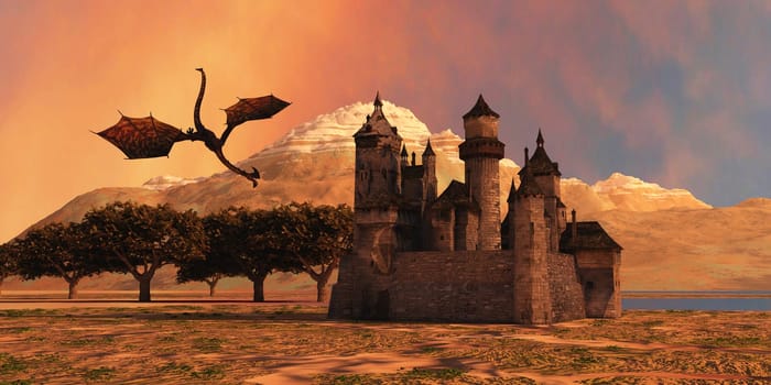 A fearsome dragon attacks a castle in medieval Europe.