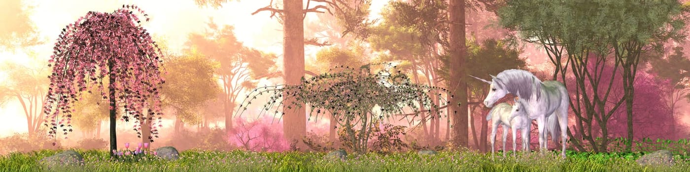 A White Unicorn mother protects her small foal in a magical forest full of flowers and beautiful trees.