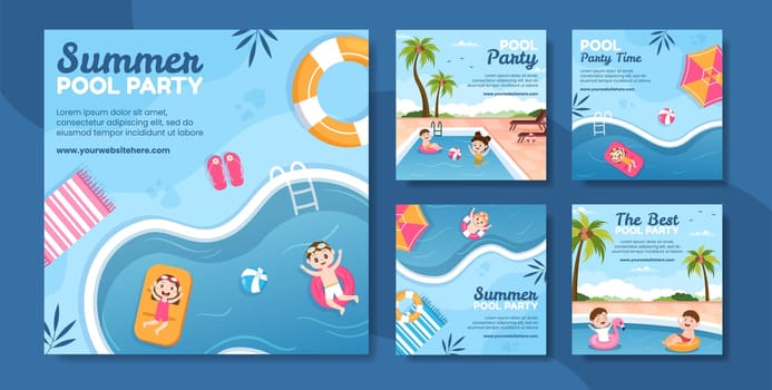 Summer Pool Party Social Media Post Template Cartoon Background Vector Illustration
