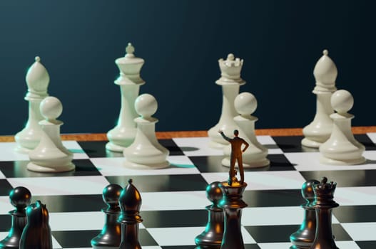 3D Illustration. 3D Rendering . super businessman as a leader on chess board. Business strategy and leadership concept.