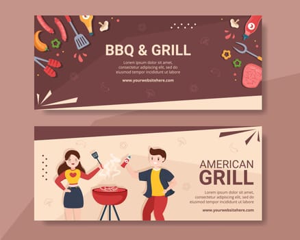 BBQ or Barbecue Horizontal Banner Template Flat Cartoon Background Vector Illustration