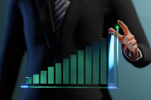 3D Illustration. 3D Rendering Business man holding holographic graphs and stock market statistics gain profits. Concept of growth planning and business strategy