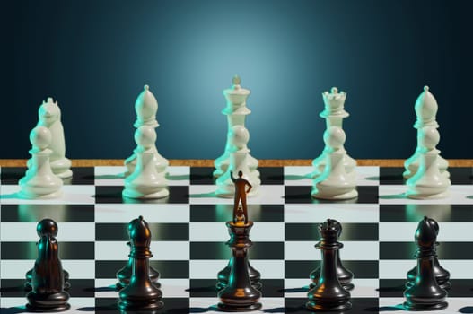 3D Illustration. 3D Rendering . super businessman as a leader on chess board. Business strategy and leadership concept.