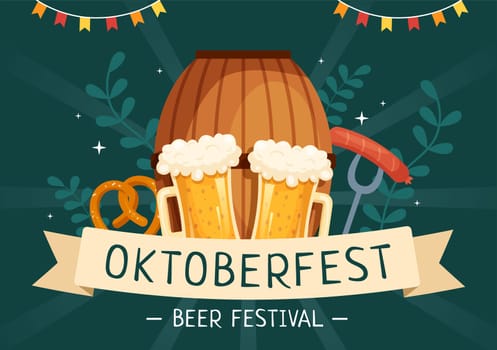 Oktoberfest Festival Cartoon Illustration with Beer Glass or Bottle in Traditional German in Flat Style Background Design