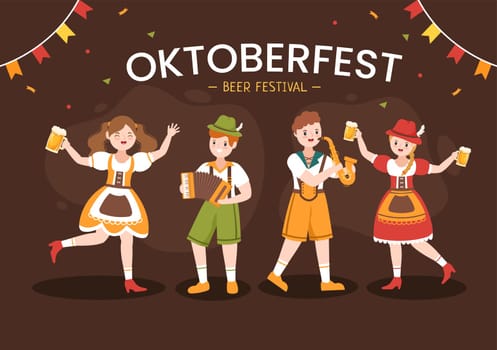 Oktoberfest Festival Cartoon Illustration with Bavarian Costume Holding Beer Glass while Dancing in Traditional German in Flat Style Design
