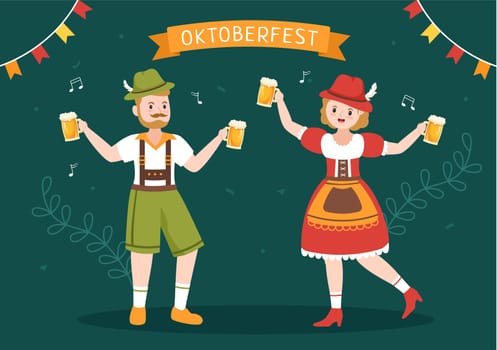 Oktoberfest Festival Cartoon Illustration with Bavarian Costume Holding Beer Glass while Dancing in Traditional German in Flat Style Design