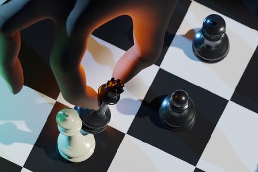 3D Illustration. 3D Rendering . Hand of businessman moving chess pieces in a success game competition. Strategy, management or leadership