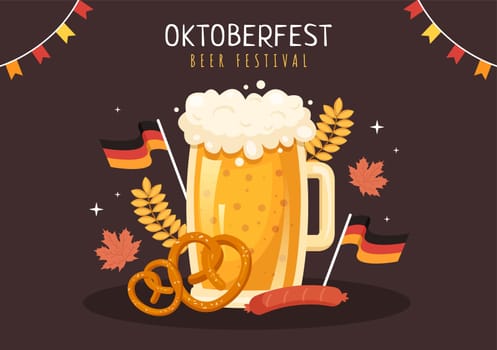 Oktoberfest Festival Cartoon Illustration with Beer Glass or Bottle in Traditional German in Flat Style Background Design