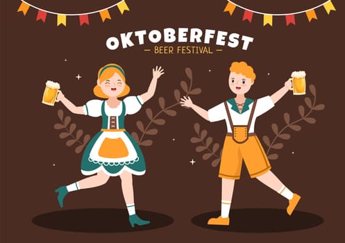 Oktoberfest Festival Cartoon Illustration with Bavarian Costume Holding Beer Glass while Dancing in Traditional German in Flat Style Design
