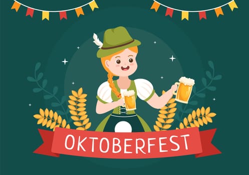 Oktoberfest Festival Cartoon Illustration with Bavarian Costume Holding Beer Glass while Dancing in Traditional German in Flat Style Design