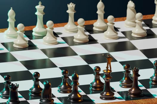 3D Illustration. 3D Rendering . super businessman as a leader on chess board. Business strategy and leadership concept.