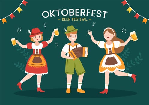 Oktoberfest Festival Cartoon Illustration with Bavarian Costume Holding Beer Glass while Dancing in Traditional German in Flat Style Design