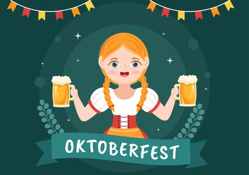 Oktoberfest Festival Cartoon Illustration with Bavarian Costume Holding Beer Glass while Dancing in Traditional German in Flat Style Design