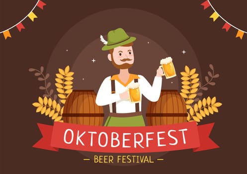 Oktoberfest Festival Cartoon Illustration with Bavarian Costume Holding Beer Glass while Dancing in Traditional German in Flat Style Design
