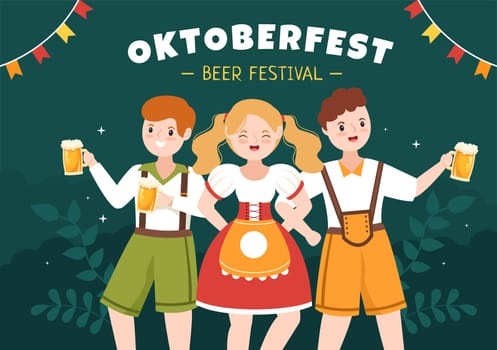Oktoberfest Festival Cartoon Illustration with Bavarian Costume Holding Beer Glass while Dancing in Traditional German in Flat Style Design