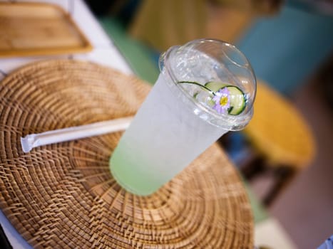 Ice Blue Lime soda for summer on table, Concept cool drink