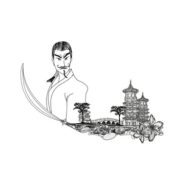 Samurai  in Asian Landscape - doodle vector illustration