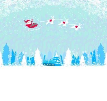Happy New year card with Santa and winter landscape
