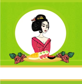 beautiful Asian girl enjoy sushi - menu template